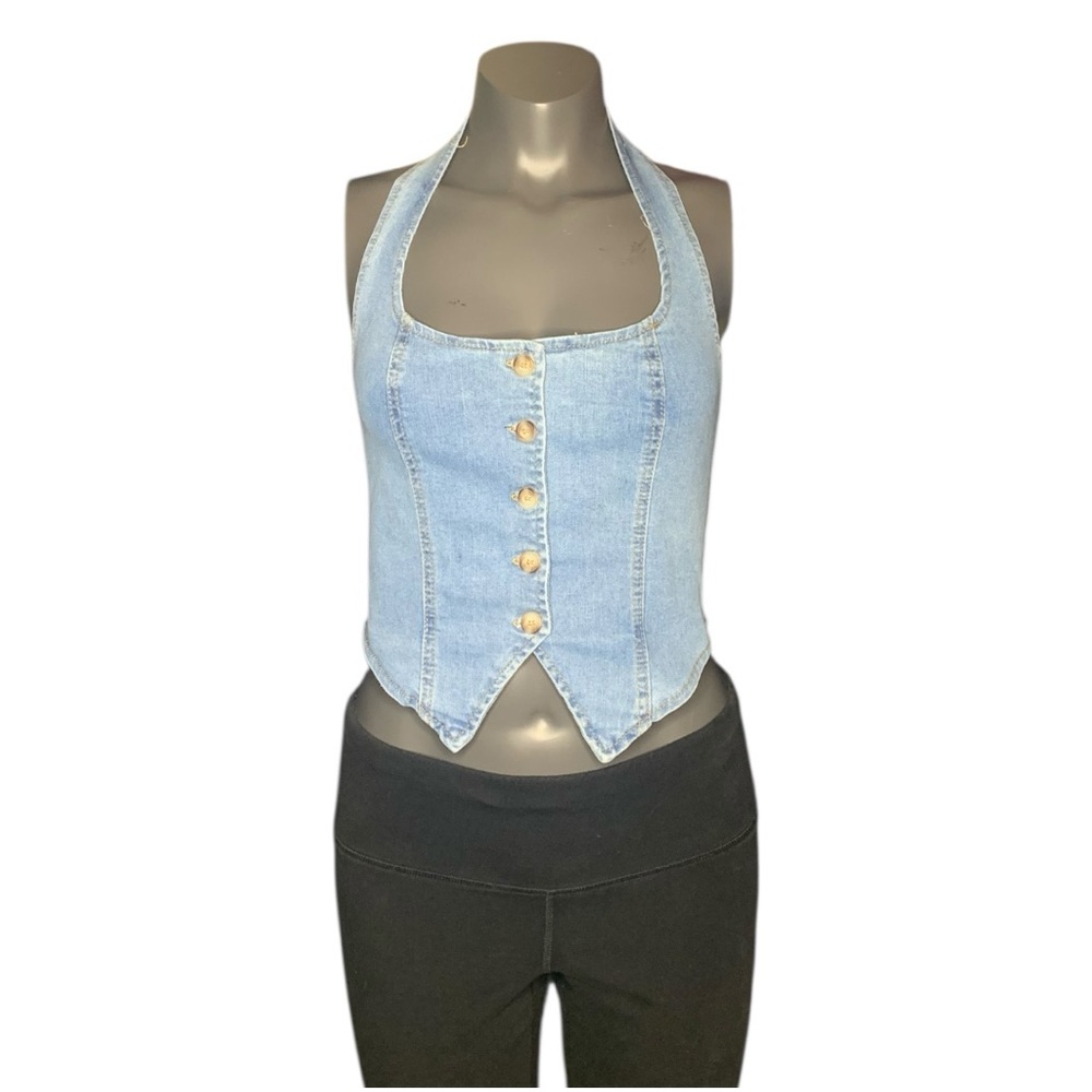 Blue Denim Halter Top with Buttons